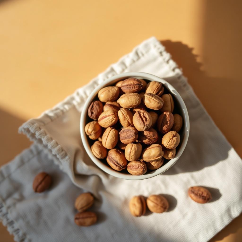 Roasted baru nuts in a wooden bowl on a linen background